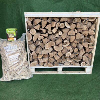 Kiln Dried Oak 10” Logs in Crate & Jumbo bag kindling and box of Wood Wool Firelighters