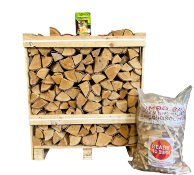 Kiln Dried Silver Birch 10″ Logs in Crate & Jumbo bag kindling & box of Wood Wool Firelighters (ENGLAND & WALES ONLY) SOLD OUT