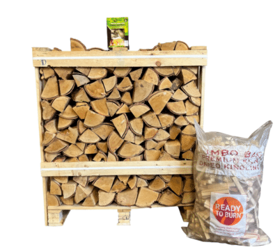 Kiln Dried Silver Birch 10″ Logs in Crate & FREE Jumbo bag kindling & box of Wood Wool Firelighters