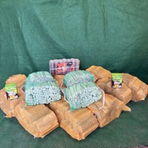 NEW LOG PACKAGE – BIRCH 40 Litre Nets x 14, KINDLING x 4 Nets, WOOD WOOL FIRELIGHTERS x 2 Boxes 300g & CROFT LOG BRIQUETTES x 14
