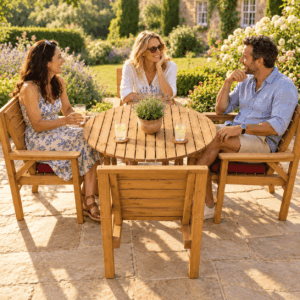 Patio Garden Set – 1.1 Metre Wooden Round Table & 4 Chairs